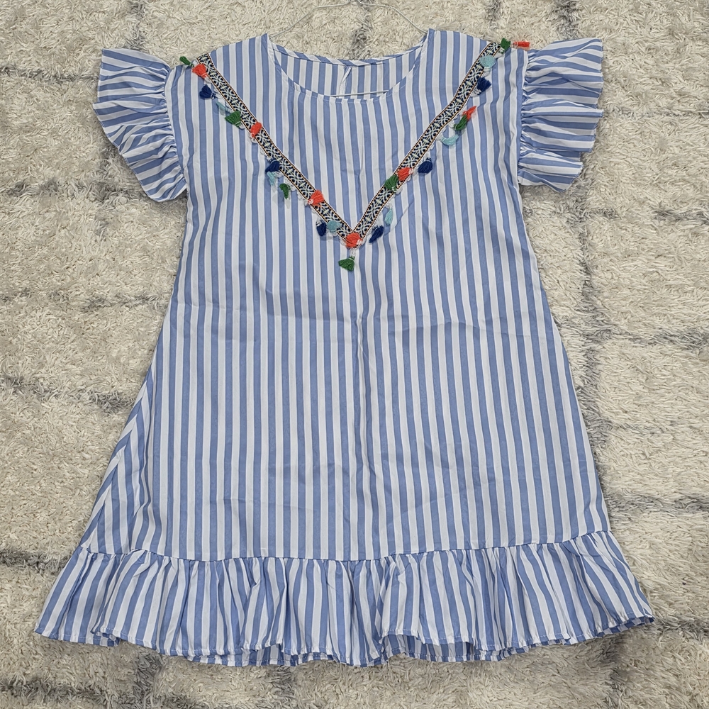 Blue Striped Kids Dress with Embroidered Details